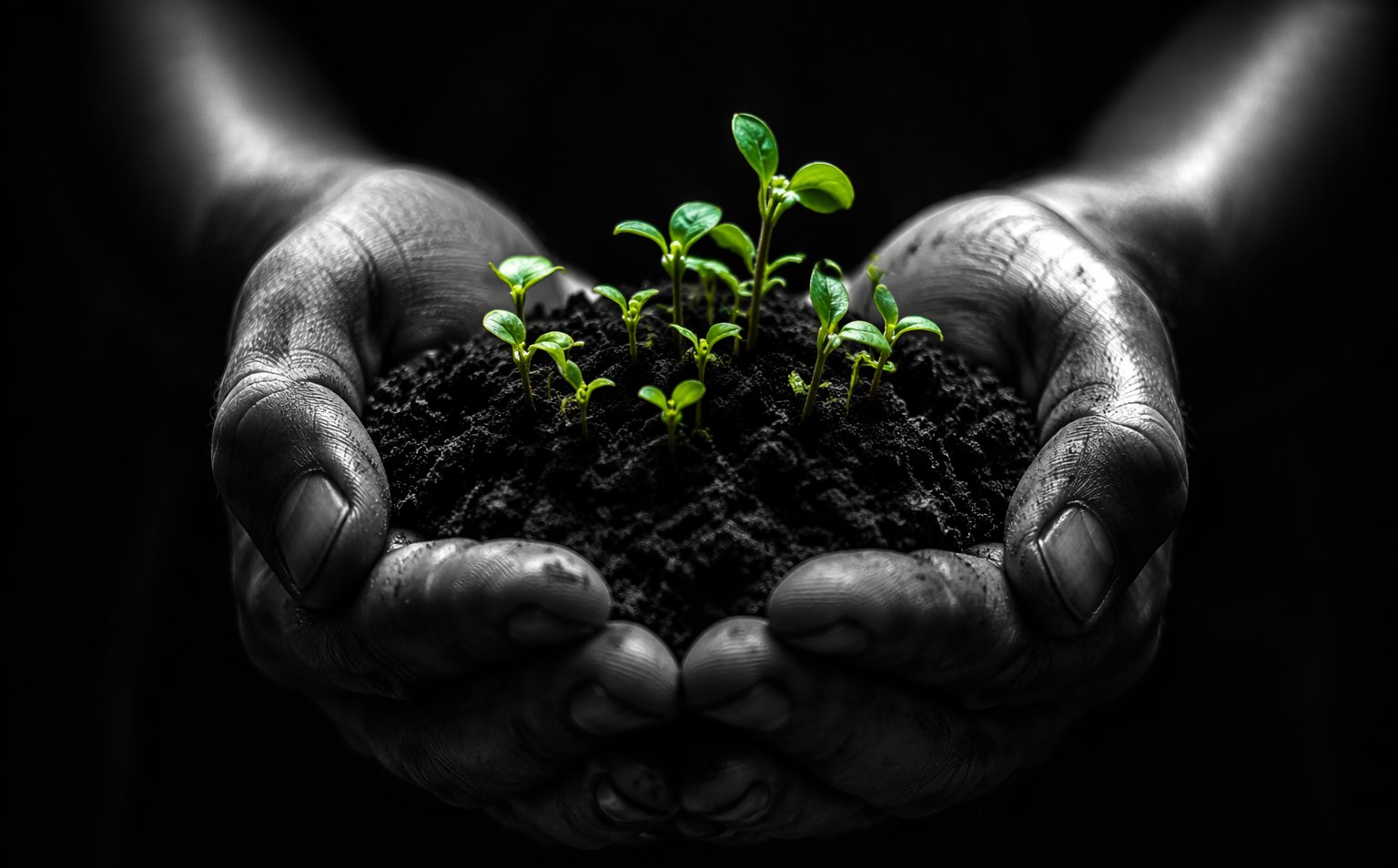 Hands holding rich organic frass fertilizer with green seedlings